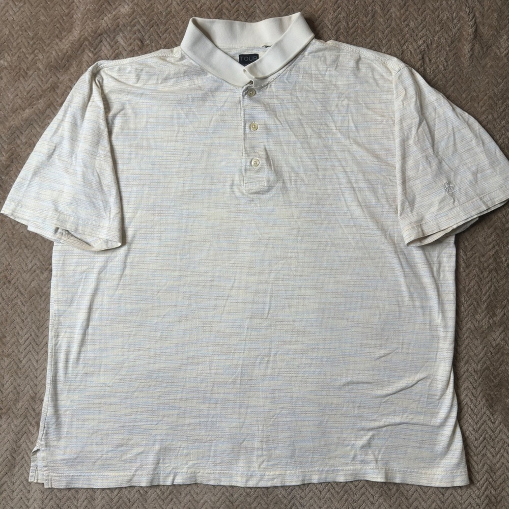 Grand Slam TOUR Mens Polo Shirt Cream Tan Micro Stripe Short Sleeve Penguin Logo